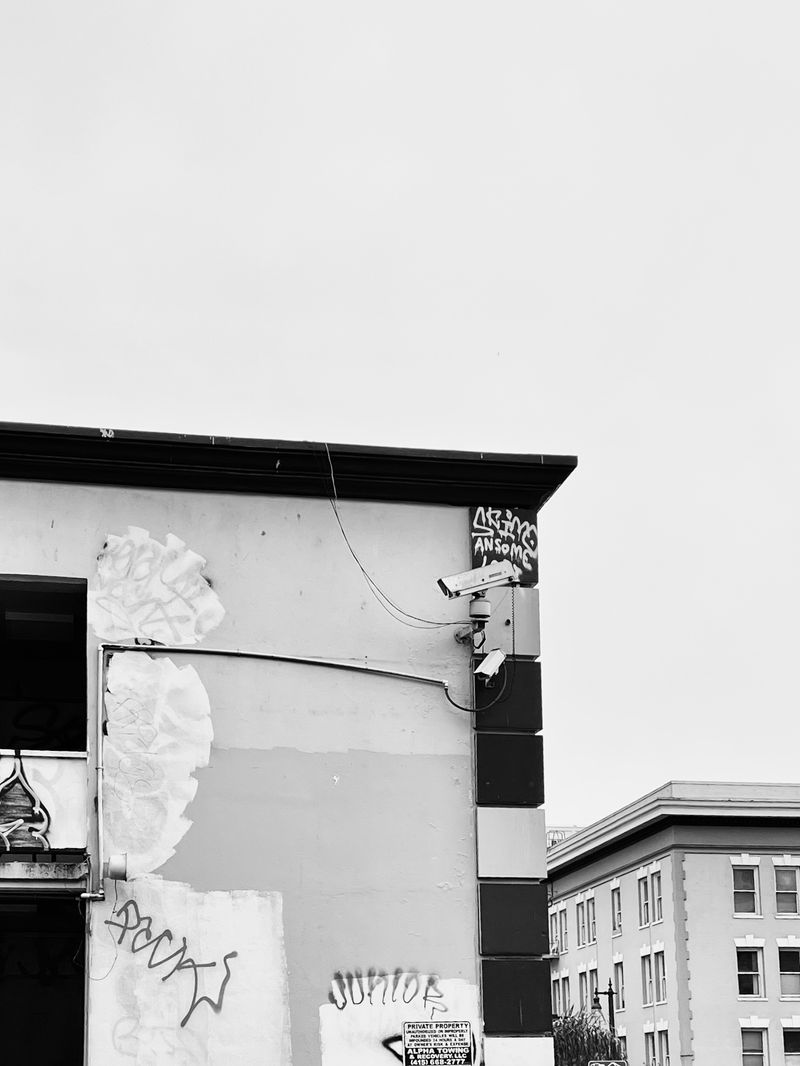 A closed-circuit camera surrounded by graffiti watching for vandals.